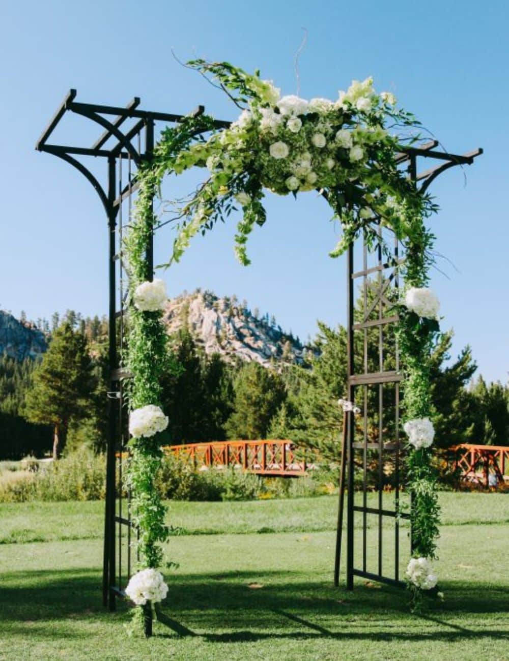Dark metal wedding arch draped in white roses and greenery on a lawn