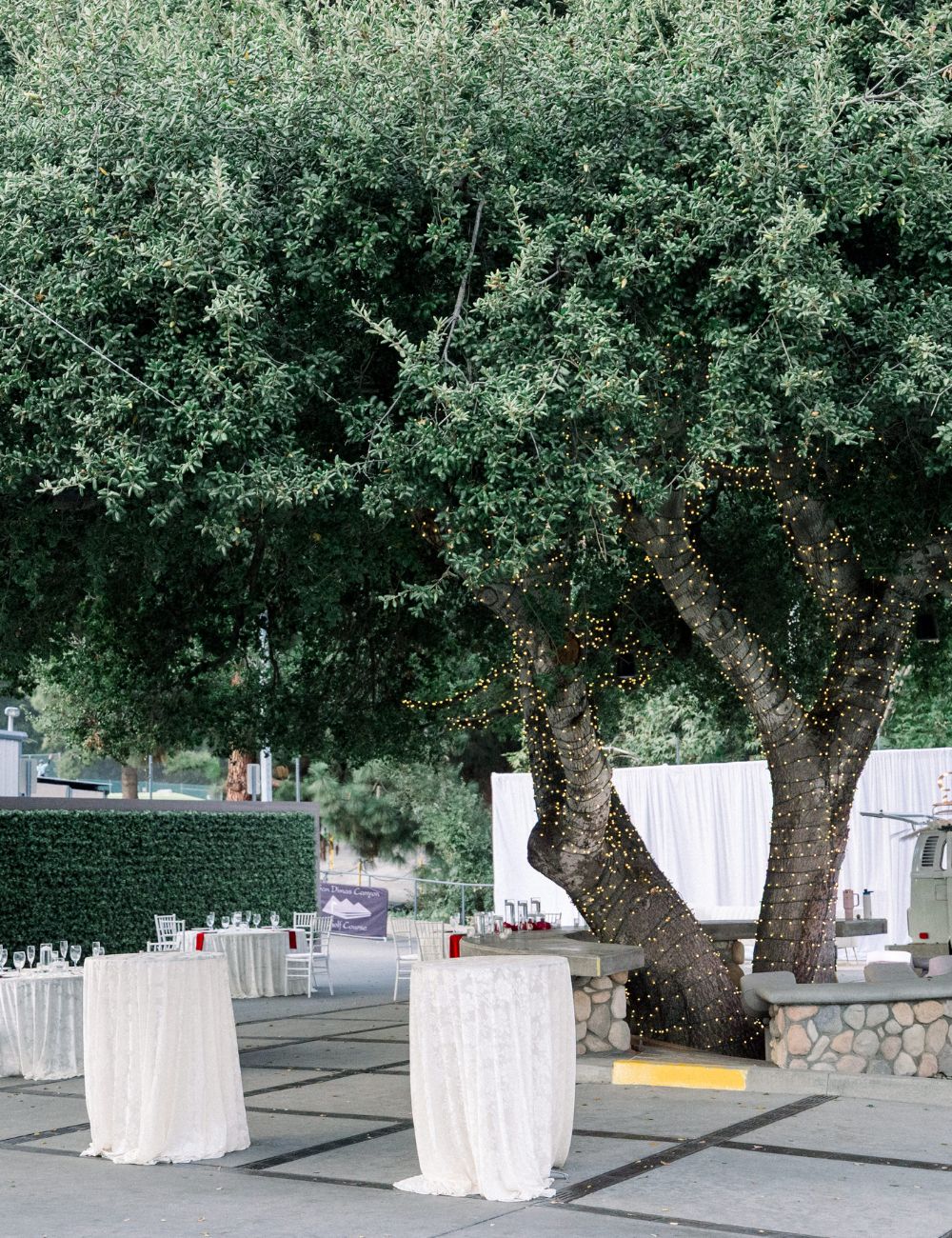 Cocktail tables with white linens beneath a large tree wrapped in string lights
