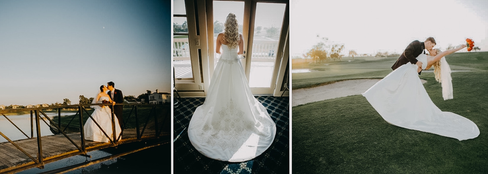 Three River Ridge wedding scenes: bridge portrait, bridal train, and a dip kiss