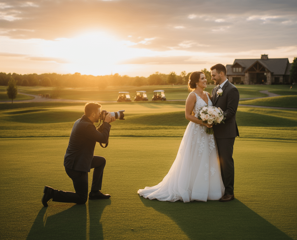 Photographer kneeling to shoot a bride and groom on a golf course at sunset